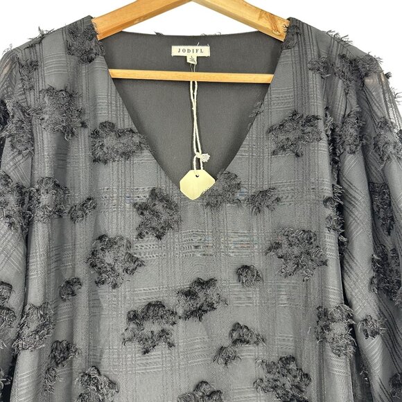 Jodifl Black Polyester Textured V-Neck Long Sheer Balloon Sleeve Blouse Size L - Picture 4 of 10